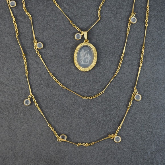 Goldette NY Jewelry - Goldette NY Necklace Triple Strand Clear Bezel Intaglio Pendant Gold Tone MCM